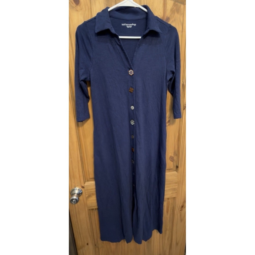 Soft Surroundings Petite XS Navy Blue Maxi Shirt Dress Mixed Buttons 3/4 Sleeve